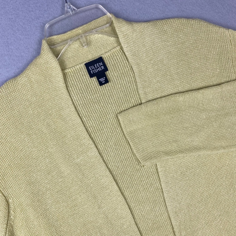 Eileen Fisher Womens Medium Gold Yellow 100% Linen Open Front Knit Cardigan